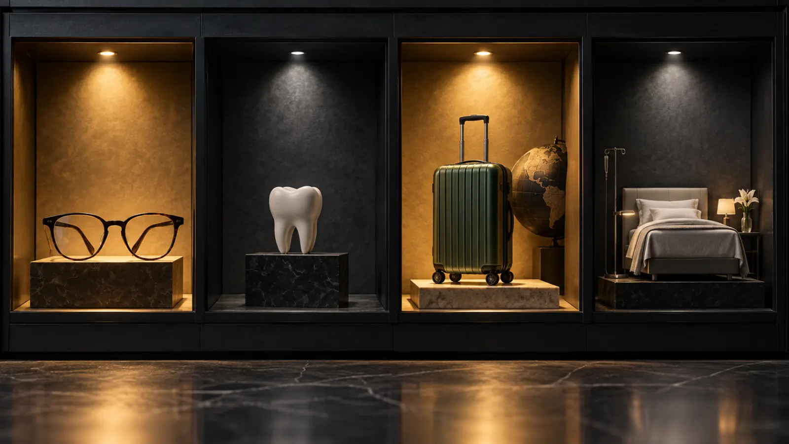 Vitrine illustrant les couvertures lunettes, dentaire, voyage et hospitalisation