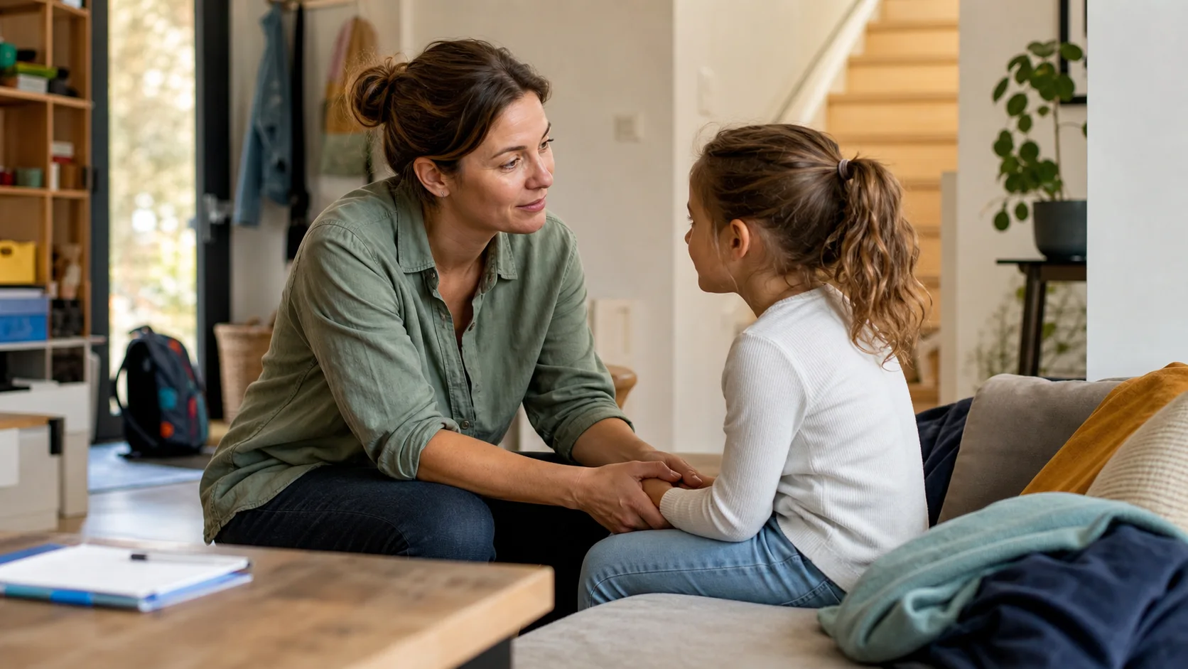 Une mère écoute son enfant après sa journée d’école