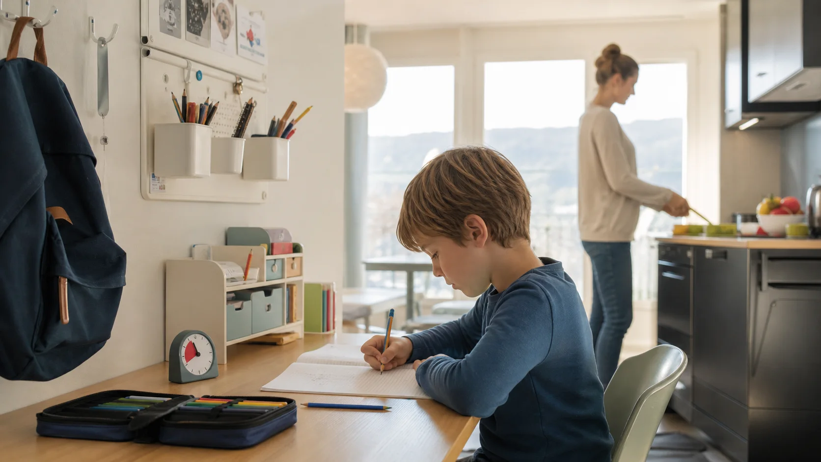 Un enfant travaille calmement à son bureau pendant qu’un parent reste disponible