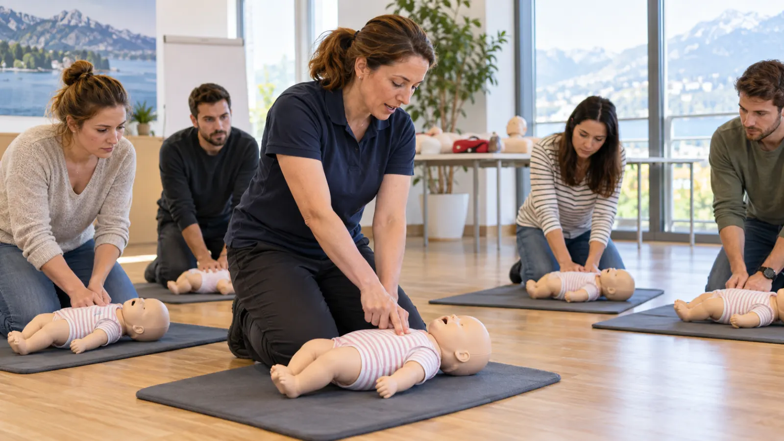 Parents apprenant la réanimation du nourrisson sur des mannequins de formation