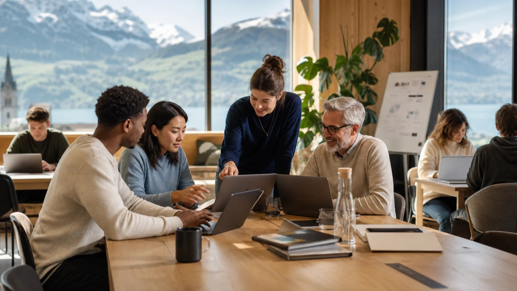 Étudiants et professionnels utilisant des outils d’intelligence artificielle dans un espace de travail suisse