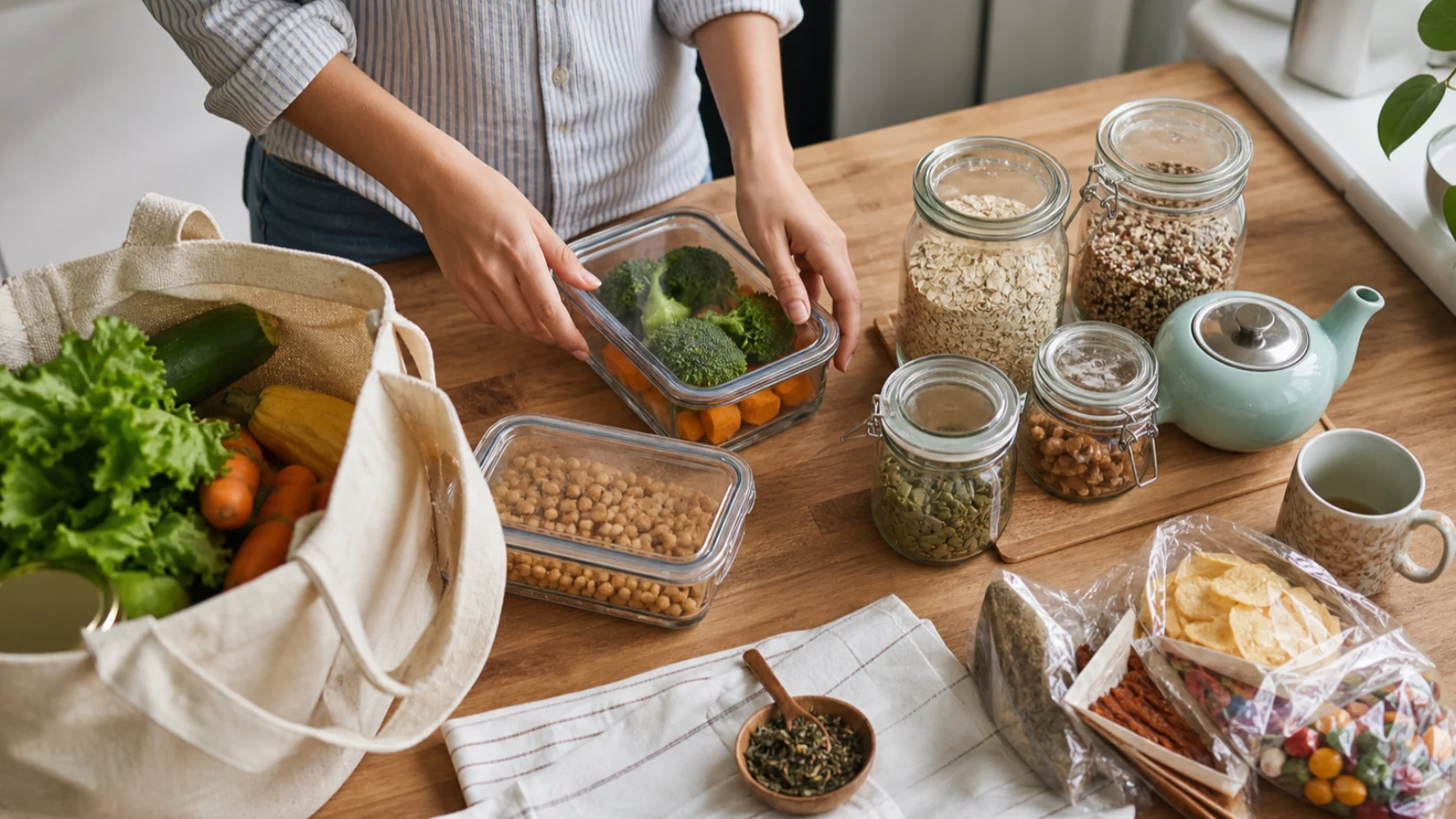Cuisine organis&eacute;e avec aliments frais, contenants en verre et sachet en fibres naturelles