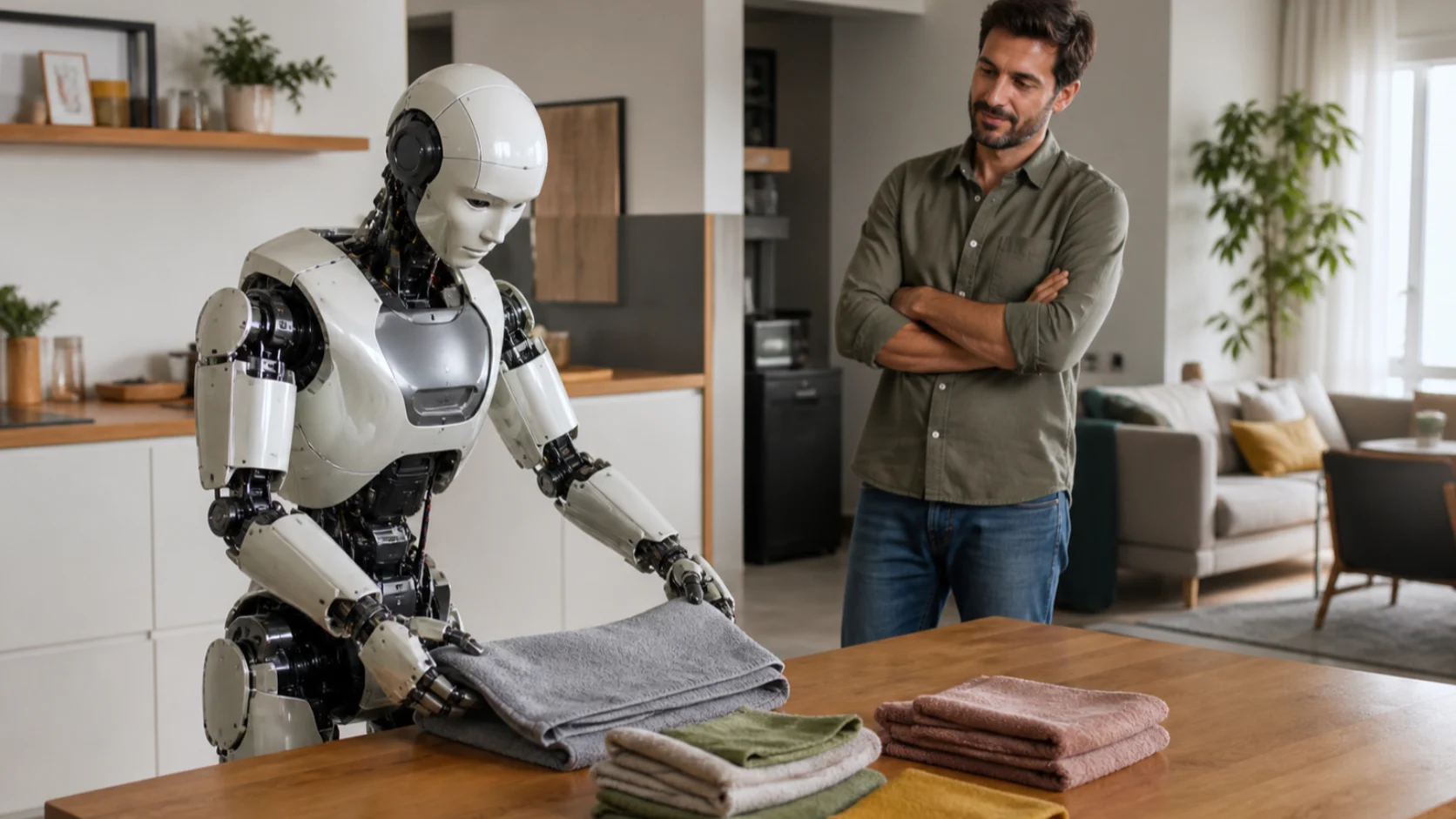 Robot humanoïde pliant des serviettes sous la supervision d’un adulte dans une maison