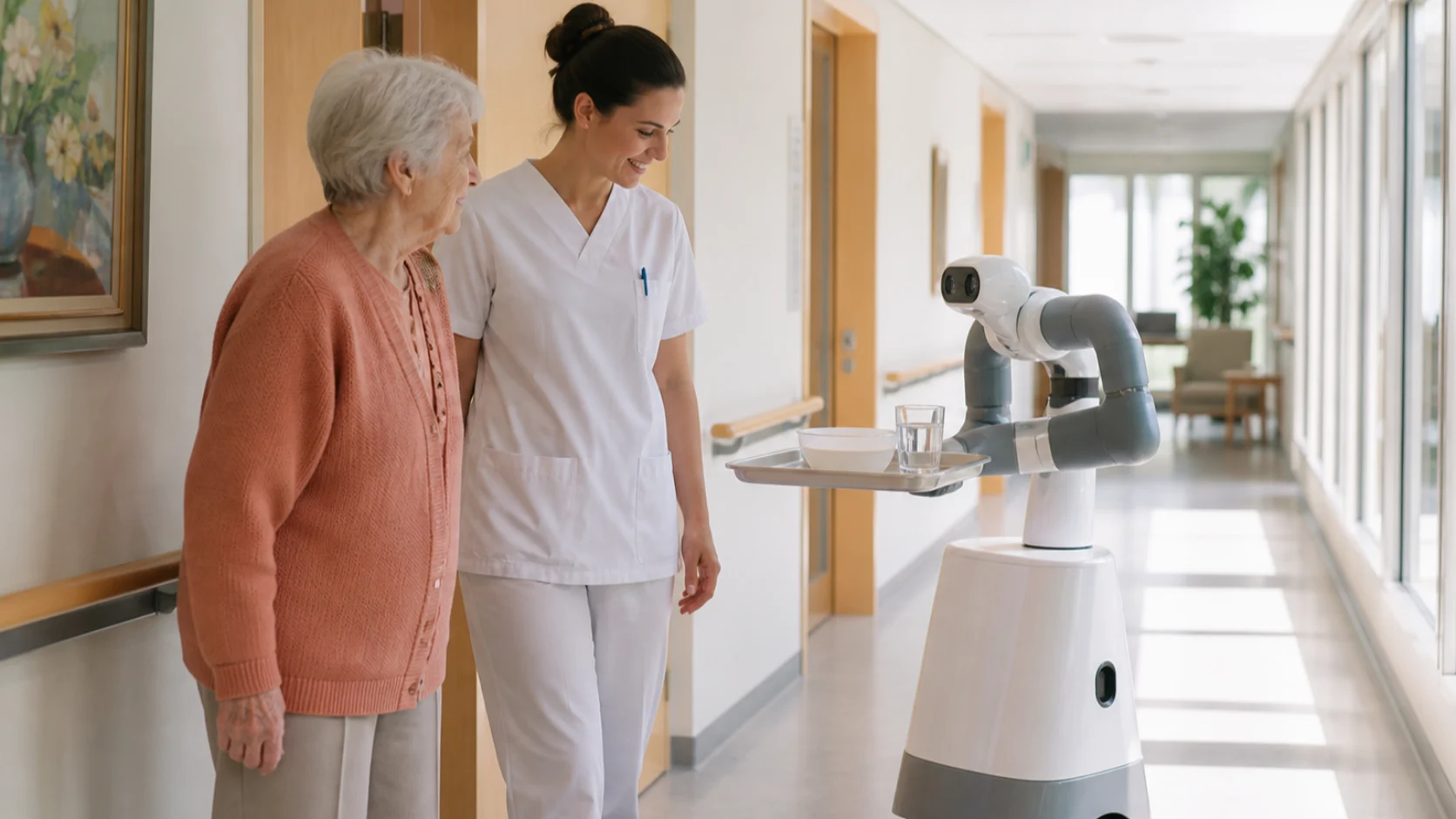Robot de service assistant une soignante et une personne âgée dans un établissement